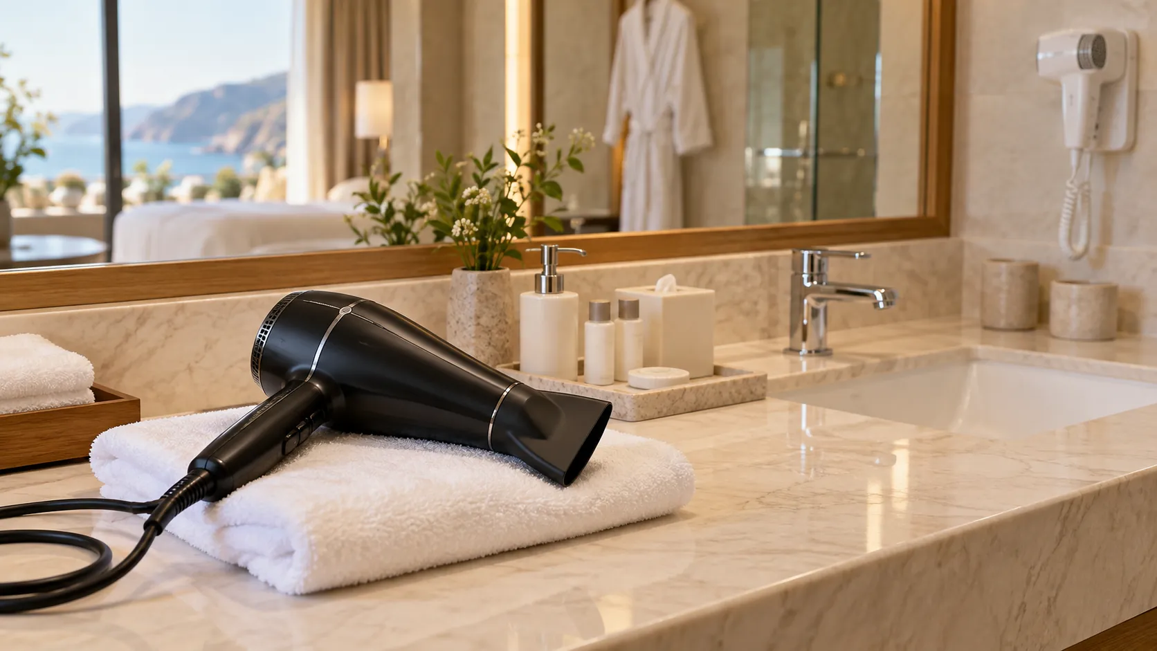 Luxe hotelbadkamer met marmeren wastafel en een hoogwaardige professionele haardroger op een witte handdoek